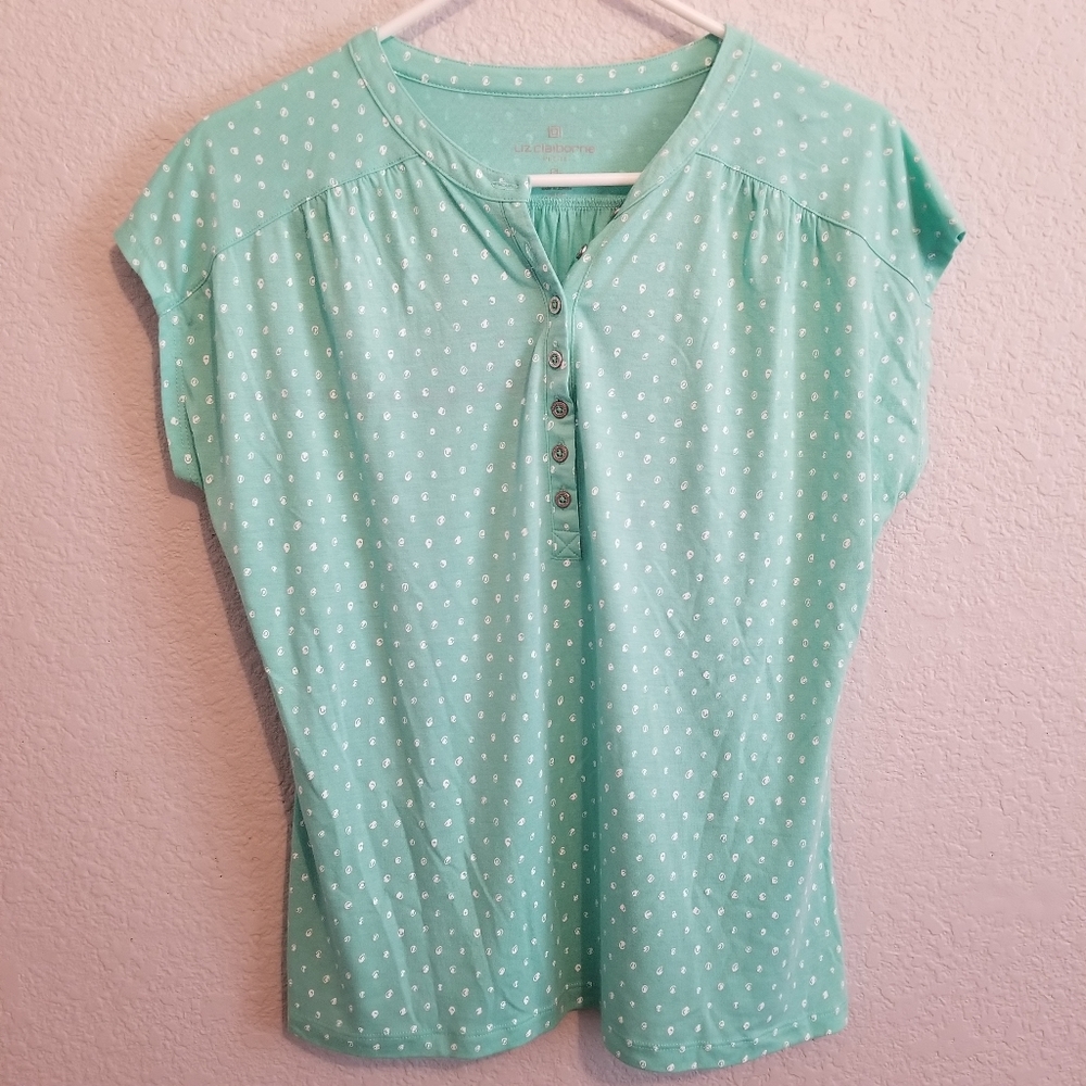 Liz Claiborne Light Blue/White Polka Dot Print Half Button Down Short Sleeve Top